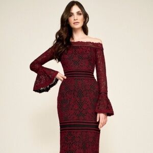 Badgley Mischka Burgundy Lace Long Sleeve Dress